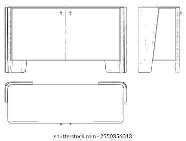 Ilustração de contorno de painel lateral moderno para decoração de casa, livros de colorir e projetos de design. Ilustração do vetor do armário do buffet com vistas frontais, laterais e superiores