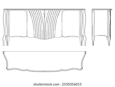 Modern Sideboard Outline Illustration for Home Decor, Coloring Books, and Design Projects. Buffet Cabinet Vector Illustration with Front, Side, and Top Views