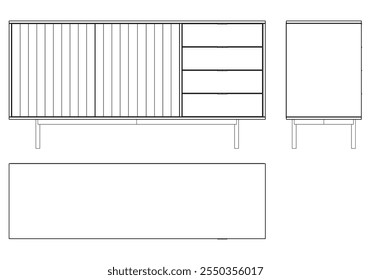 Ilustração de contorno de painel lateral moderno para decoração de casa, livros de colorir e projetos de design. Ilustração do vetor do armário do buffet com vistas frontais, laterais e superiores