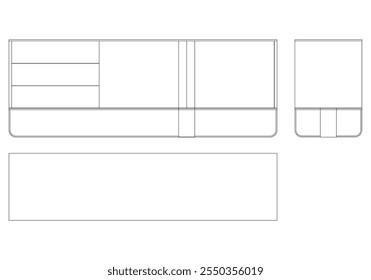 Ilustração de contorno de painel lateral moderno para decoração de casa, livros de colorir e projetos de design. Ilustração do vetor do armário do buffet com vistas frontais, laterais e superiores