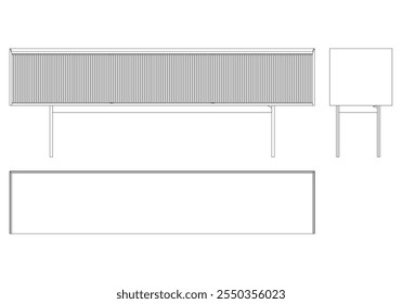 Ilustração de contorno de painel lateral moderno para decoração de casa, livros de colorir e projetos de design. Ilustração do vetor do armário do buffet com vistas frontais, laterais e superiores