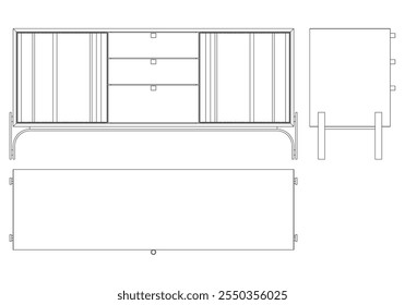 Ilustração de contorno de painel lateral moderno para decoração de casa, livros de colorir e projetos de design. Ilustração do vetor do armário do buffet com vistas frontais, laterais e superiores