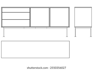 Ilustração de contorno de painel lateral moderno para decoração de casa, livros de colorir e projetos de design. Ilustração do vetor do armário do buffet com vistas frontais, laterais e superiores