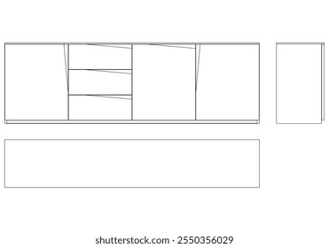 Ilustração de contorno de painel lateral moderno para decoração de casa, livros de colorir e projetos de design. Ilustração do vetor do armário do buffet com vistas frontais, laterais e superiores