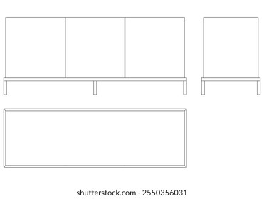 Ilustração de contorno de painel lateral moderno para decoração de casa, livros de colorir e projetos de design. Ilustração do vetor do armário do buffet com vistas frontais, laterais e superiores