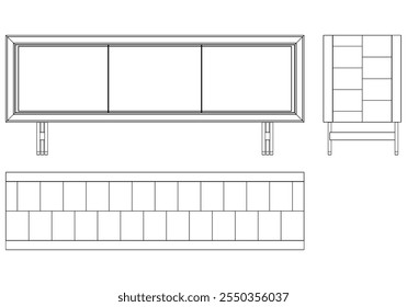 Ilustração de contorno de painel lateral moderno para decoração de casa, livros de colorir e projetos de design. Ilustração do vetor do armário do buffet com vistas frontais, laterais e superiores