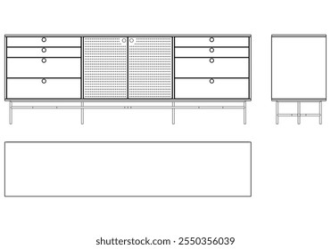 Modern Sideboard Outline Illustration for Home Decor, Coloring Books, and Design Projects. Buffet Cabinet Vector Illustration with Front, Side, and Top Views