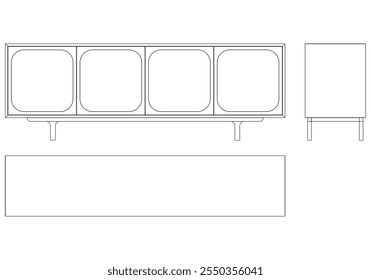 Ilustração de contorno de painel lateral moderno para decoração de casa, livros de colorir e projetos de design. Ilustração do vetor do armário do buffet com vistas frontais, laterais e superiores