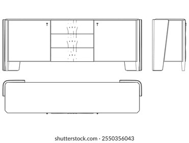 Ilustração de contorno de painel lateral moderno para decoração de casa, livros de colorir e projetos de design. Ilustração do vetor do armário do buffet com vistas frontais, laterais e superiores