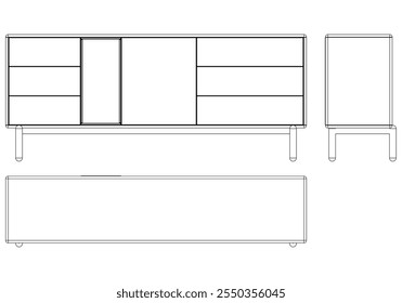 Ilustração de contorno de painel lateral moderno para decoração de casa, livros de colorir e projetos de design. Ilustração do vetor do armário do buffet com vistas frontais, laterais e superiores