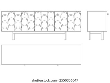 Ilustração de contorno de painel lateral moderno para decoração de casa, livros de colorir e projetos de design. Ilustração do vetor do armário do buffet com vistas frontais, laterais e superiores