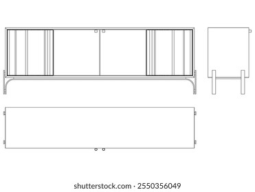 Ilustração de contorno de painel lateral moderno para decoração de casa, livros de colorir e projetos de design. Ilustração do vetor do armário do buffet com vistas frontais, laterais e superiores