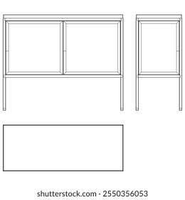 Ilustração de contorno de painel lateral moderno para decoração de casa, livros de colorir e projetos de design. Ilustração do vetor do armário do buffet com vistas frontais, laterais e superiores