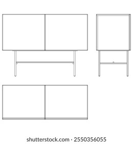 Ilustração de contorno de painel lateral moderno para decoração de casa, livros de colorir e projetos de design. Ilustração do vetor do armário do buffet com vistas frontais, laterais e superiores