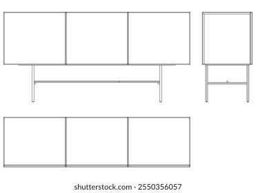 Ilustração de contorno de painel lateral moderno para decoração de casa, livros de colorir e projetos de design. Ilustração do vetor do armário do buffet com vistas frontais, laterais e superiores