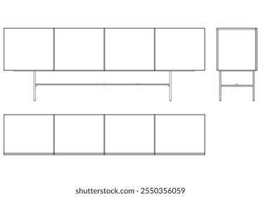 Ilustração de contorno de painel lateral moderno para decoração de casa, livros de colorir e projetos de design. Ilustração do vetor do armário do buffet com vistas frontais, laterais e superiores