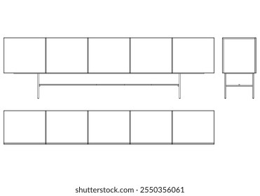 Ilustração de contorno de painel lateral moderno para decoração de casa, livros de colorir e projetos de design. Ilustração do vetor do armário do buffet com vistas frontais, laterais e superiores