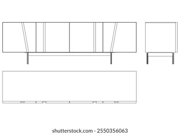 Ilustração de contorno de painel lateral moderno para decoração de casa, livros de colorir e projetos de design. Ilustração do vetor do armário do buffet com vistas frontais, laterais e superiores