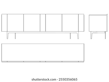 Ilustração de contorno de painel lateral moderno para decoração de casa, livros de colorir e projetos de design. Ilustração do vetor do armário do buffet com vistas frontais, laterais e superiores