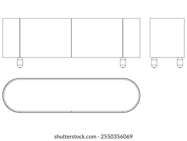 Ilustração de contorno de painel lateral moderno para decoração de casa, livros de colorir e projetos de design. Ilustração do vetor do armário do buffet com vistas frontais, laterais e superiores