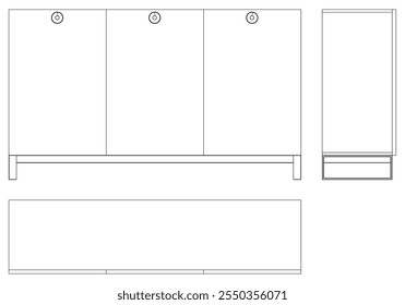 Ilustração de contorno de painel lateral moderno para decoração de casa, livros de colorir e projetos de design. Ilustração do vetor do armário do buffet com vistas frontais, laterais e superiores