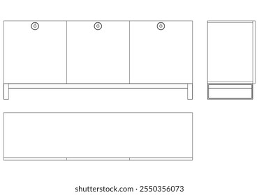 Ilustração de contorno de painel lateral moderno para decoração de casa, livros de colorir e projetos de design. Ilustração do vetor do armário do buffet com vistas frontais, laterais e superiores