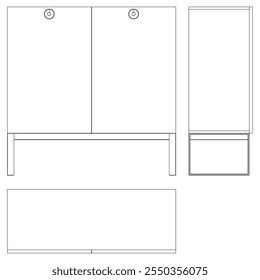 Ilustração de contorno de painel lateral moderno para decoração de casa, livros de colorir e projetos de design. Ilustração do vetor do armário do buffet com vistas frontais, laterais e superiores