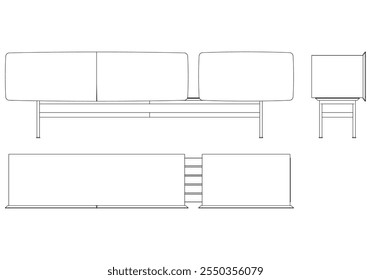 Ilustração de contorno de painel lateral moderno para decoração de casa, livros de colorir e projetos de design. Ilustração do vetor do armário do buffet com vistas frontais, laterais e superiores