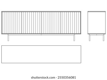 Ilustração de contorno de painel lateral moderno para decoração de casa, livros de colorir e projetos de design. Ilustração do vetor do armário do buffet com vistas frontais, laterais e superiores