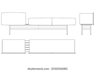 Ilustração de contorno de painel lateral moderno para decoração de casa, livros de colorir e projetos de design. Ilustração do vetor do armário do buffet com vistas frontais, laterais e superiores