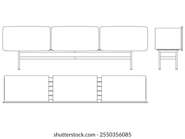 Ilustração de contorno de painel lateral moderno para decoração de casa, livros de colorir e projetos de design. Ilustração do vetor do armário do buffet com vistas frontais, laterais e superiores