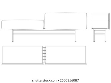 Ilustração de contorno de painel lateral moderno para decoração de casa, livros de colorir e projetos de design. Ilustração do vetor do armário do buffet com vistas frontais, laterais e superiores