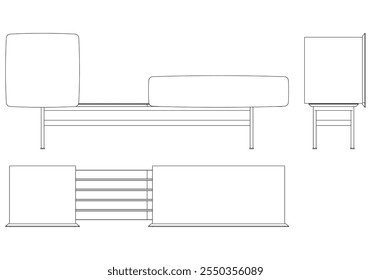 Ilustração de contorno de painel lateral moderno para decoração de casa, livros de colorir e projetos de design. Ilustração do vetor do armário do buffet com vistas frontais, laterais e superiores