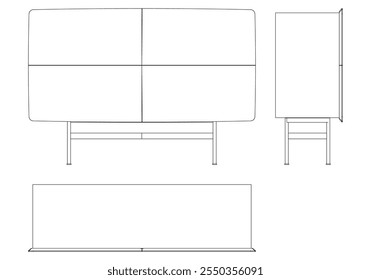 Ilustração de contorno de painel lateral moderno para decoração de casa, livros de colorir e projetos de design. Ilustração do vetor do armário do buffet com vistas frontais, laterais e superiores