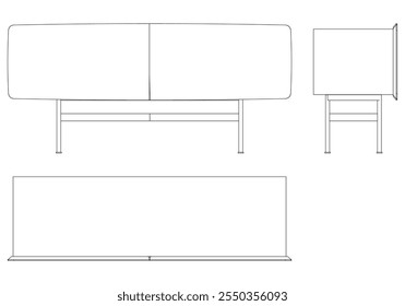 Ilustração de contorno de painel lateral moderno para decoração de casa, livros de colorir e projetos de design. Ilustração do vetor do armário do buffet com vistas frontais, laterais e superiores