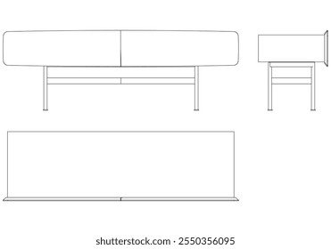 Ilustração de contorno de painel lateral moderno para decoração de casa, livros de colorir e projetos de design. Ilustração do vetor do armário do buffet com vistas frontais, laterais e superiores