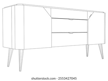 Modern Sideboard Outline Illustration for Home Decor, Coloring Books, and Design Projects. Buffet Cabinet Vector Illustration with Front, Side, and Top Views