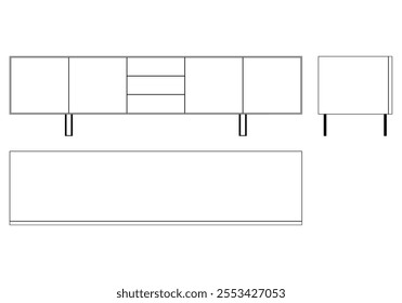 Modern Sideboard Outline Illustration for Home Decor, Coloring Books, and Design Projects. Buffet Cabinet Vector Illustration with Front, Side, and Top Views