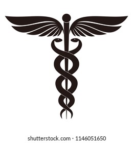 Modern sign of the caduceus. Symbol of medicine. The wand of Hermes with wings and two crossed snakes. Icon isolated on a white background. Vector illustration