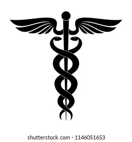 Modern sign of the caduceus. Symbol of medicine. The wand of Hermes with wings and two crossed snakes. Icon isolated on a white background. Vector illustration