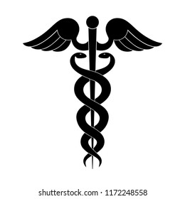 Modern sign of the caduceus. Symbol of medicine. The wand of Hermes with wings and two crossed snakes. Icon isolated on a white background. Vector illustration