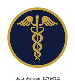 Modern sign of the caduceus. Symbol of medicine. The wand of Hermes with wings and two crossed snakes. Icon isolated on a white background. Vector illustration