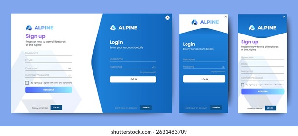 Página de formulário Moderna Inscrever e Entrar. Vetor de interface do usuário do Painel de Controle de Registro Profissional