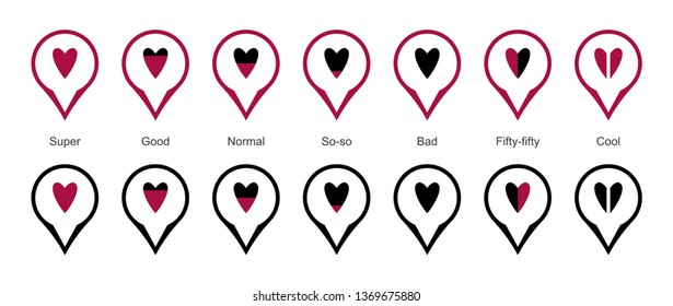 Modern signs, symbols and icons. Set, collection of likes hearts in black, red, white color. Isolated on white background. Vector illustration.