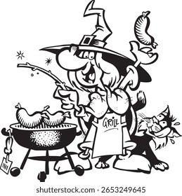 modern silhouette caricature illustration of a witch wearing a hat roasting meat
