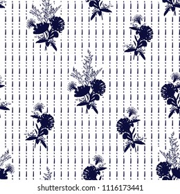 Modern silhouette dark bule blooming flowers on hand drawn dashed line seamless pattern vector for fashion fabric and every prints on white background