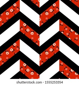 Modern of silhouette floral patchwork with zigzag heringbone of geometric red,black and white seamless pattern vector design for fashion, fabric, web, wallpaper wrapping and all prints 