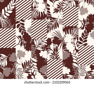 Modern silhouette tropical leaves ,foliage witn geometric stripe Seamless pattern vector EPS10,Design for fashion , fabric, textile, wallpaper, cover, web , wrapping and all prints on brown and white
