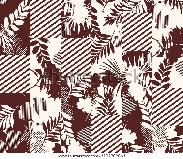 Modern silhouette tropical leaves ,foliage witn geometric stripe Seamless pattern vector EPS10,Design for fashion , fabric, textile, wallpaper, cover, web , wrapping and all prints on brown and white