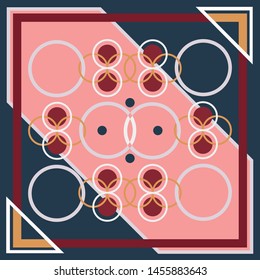 Modern silk scarf pattern with circle and geometric motif on pink background